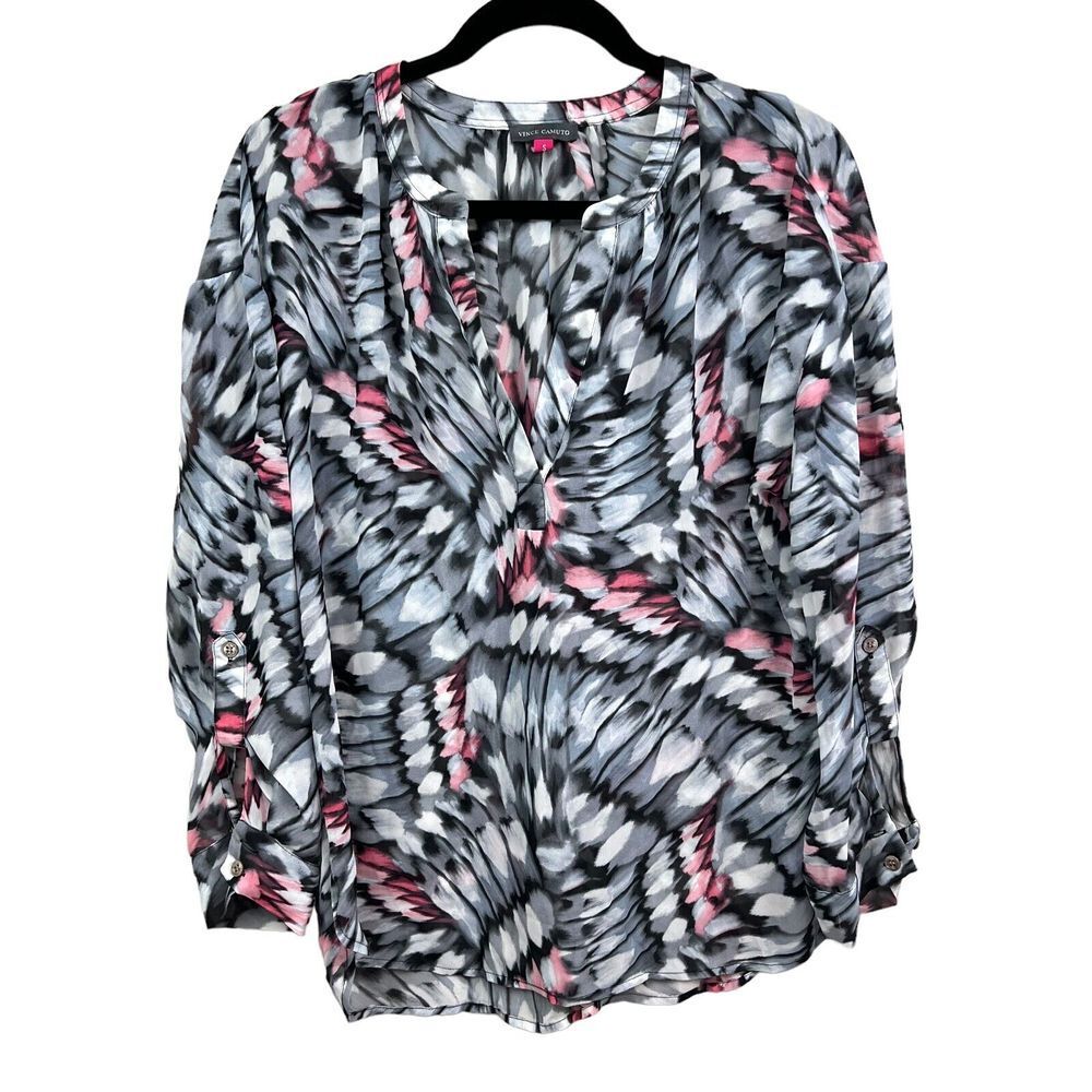 Vince Camuto Tunic Blouse Sheer V Neck Roll Tab Sleeves Gray Pink Women Size S*